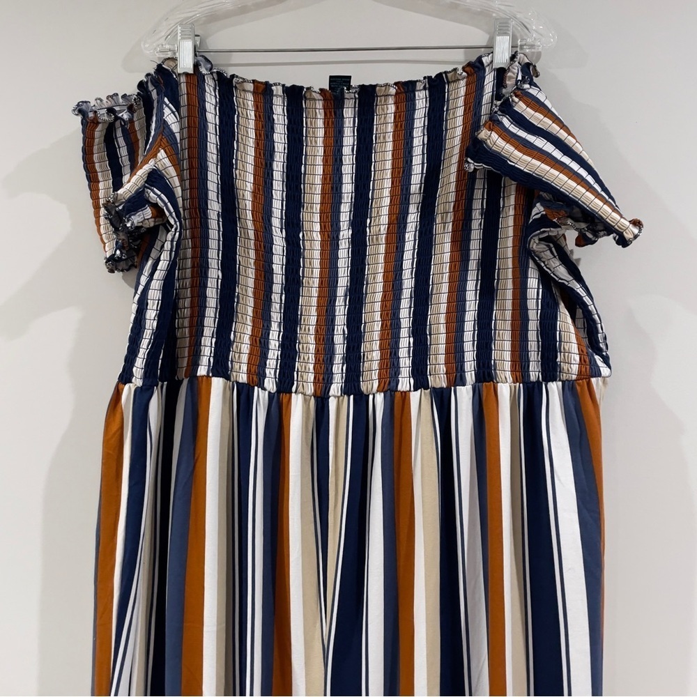Rue 21 Off-the-Shoulder Striped Jumpsuit - Brown & Blue & Tan & Orange, Size 3X - Picture 5 of 7